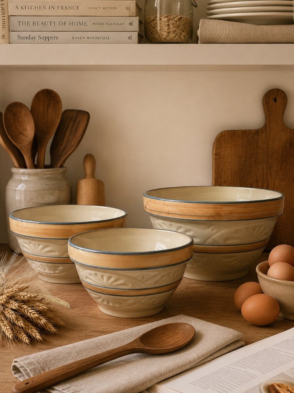 Vintage Embossed Stoneware Nesting Mixing Bowls – Cream Blue Country Cottage Kit